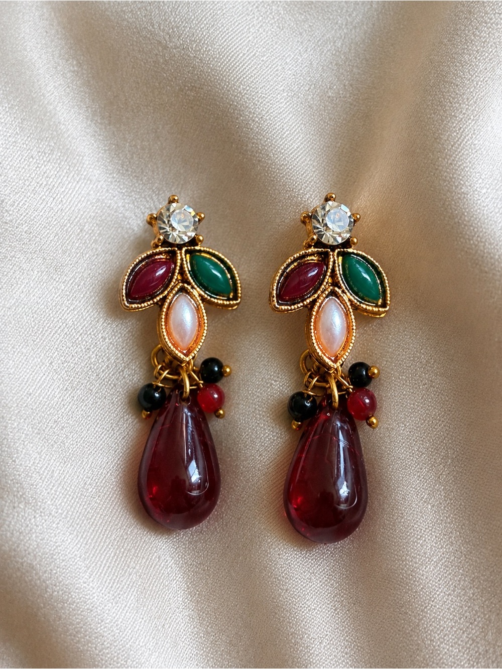Indian Fashion Statement Drop Earrings | Gold Tone Red Green & Pearl